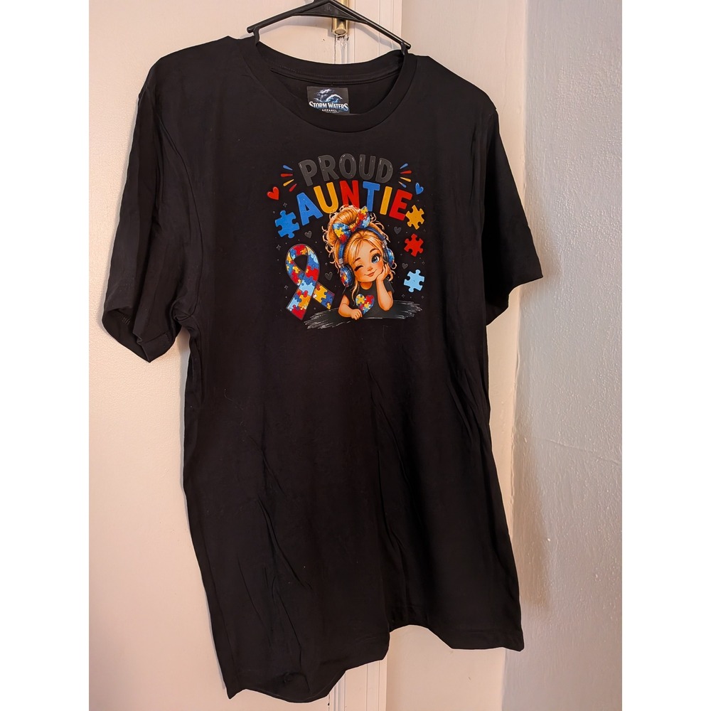 Storm Waters Apparel Proud Auntie Autism Awareness Graphic T-Shirt Black Cotton